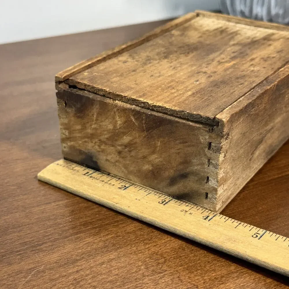 Antique Dovetail 6x4 Wooden Slide Lid Box Primitive Handmade Storage Box Rustic